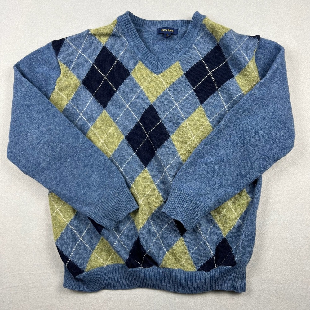 Club Room Men's Medium Blue Beige Argyle 100% Lambswool Cozy Knit V-Neck Sweater